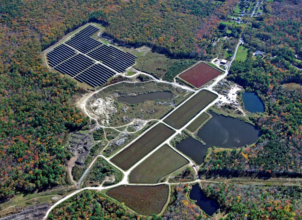 Aerial view of the completed 6MW Solar Farm nestled amongst the cranberry bogs and New England Foliage